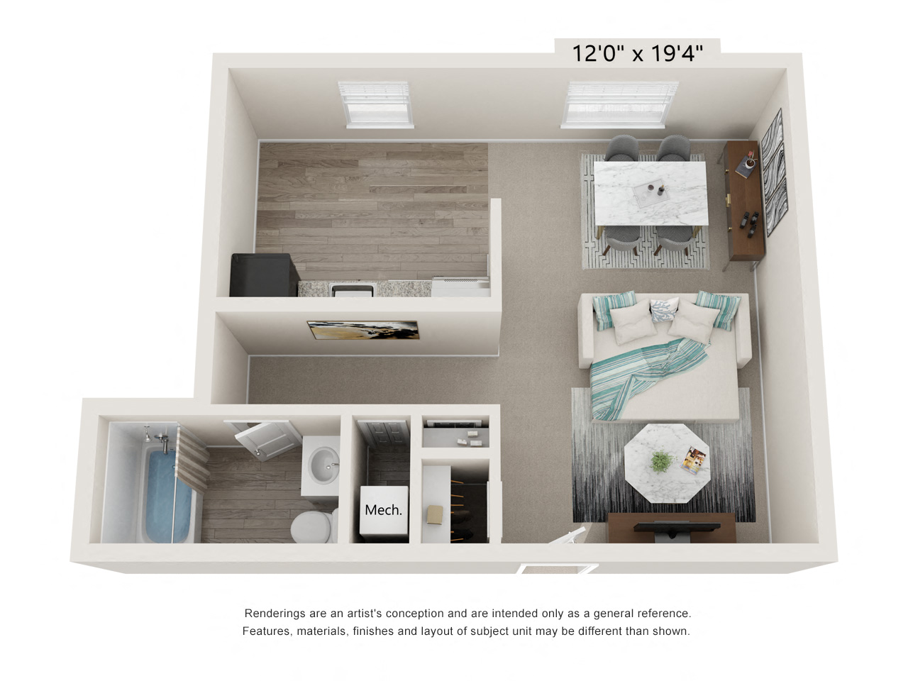 Floor plan for studio, 1 bath, 525 sqft